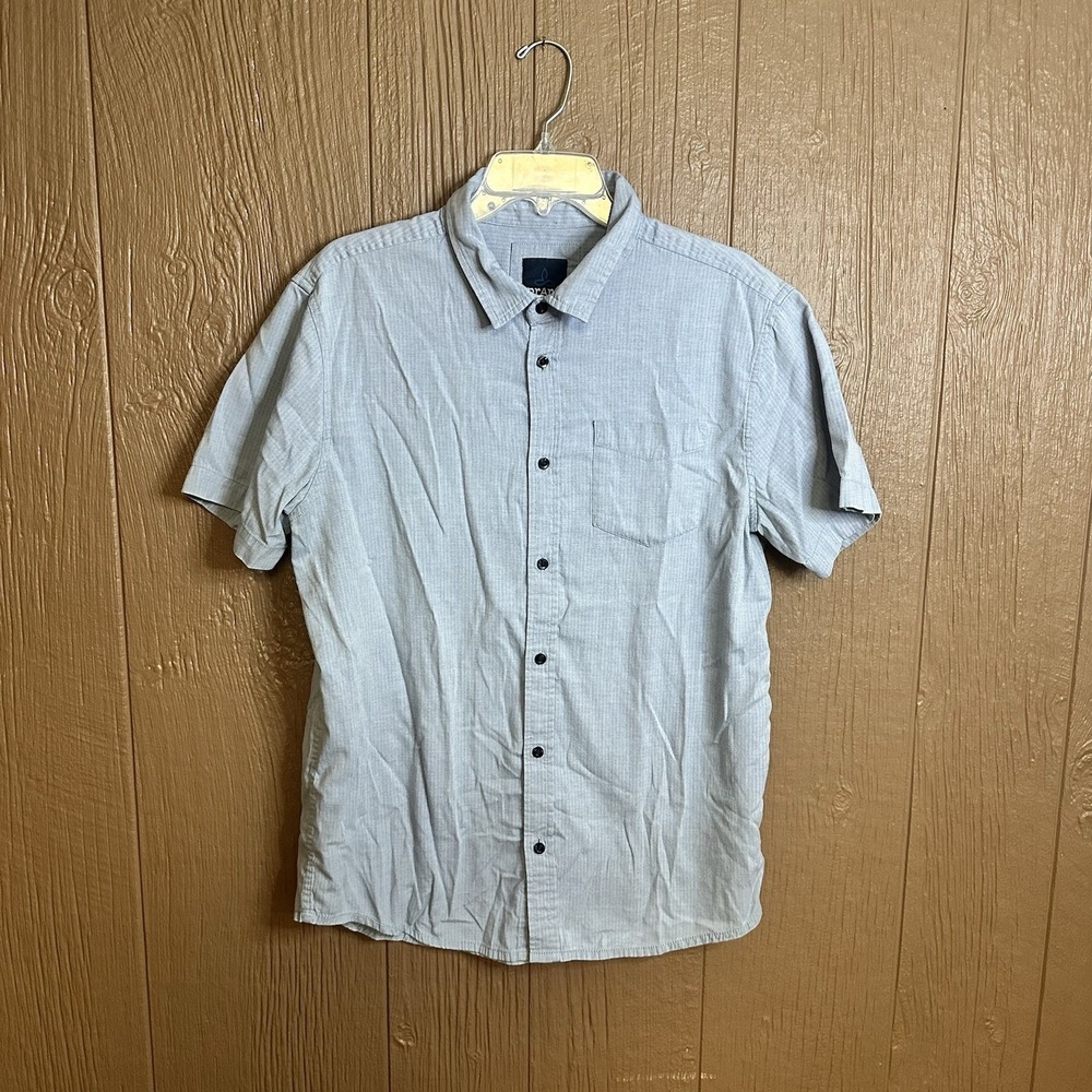 Prana Button Down Shirt Mens L Blue Herringbone Short Sleeve Organic Cotton‎